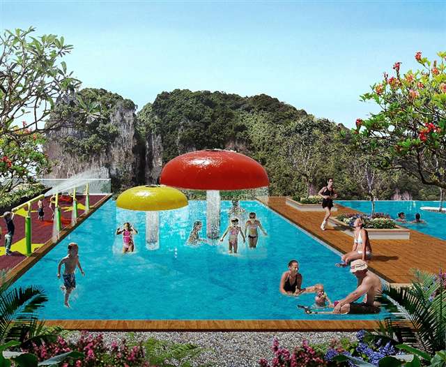 Children Play Pool with Waterfall