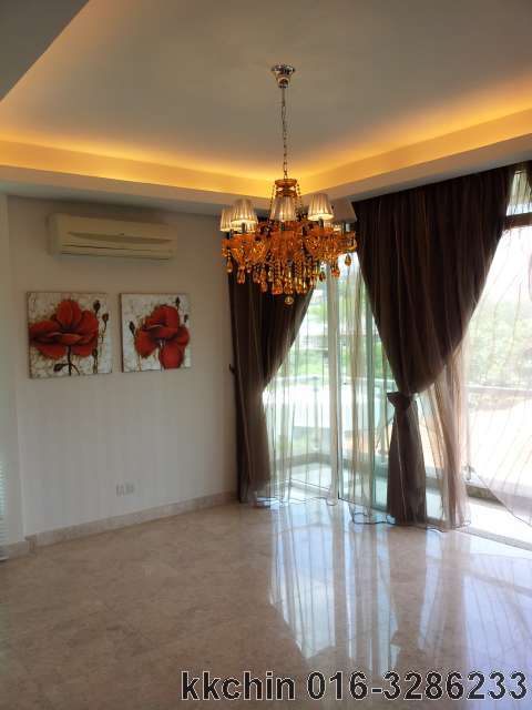 hall with chandelier, hidden lights and curtains