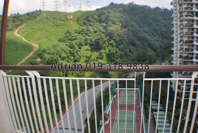 Balcony view: tennis courts, pool and hill.